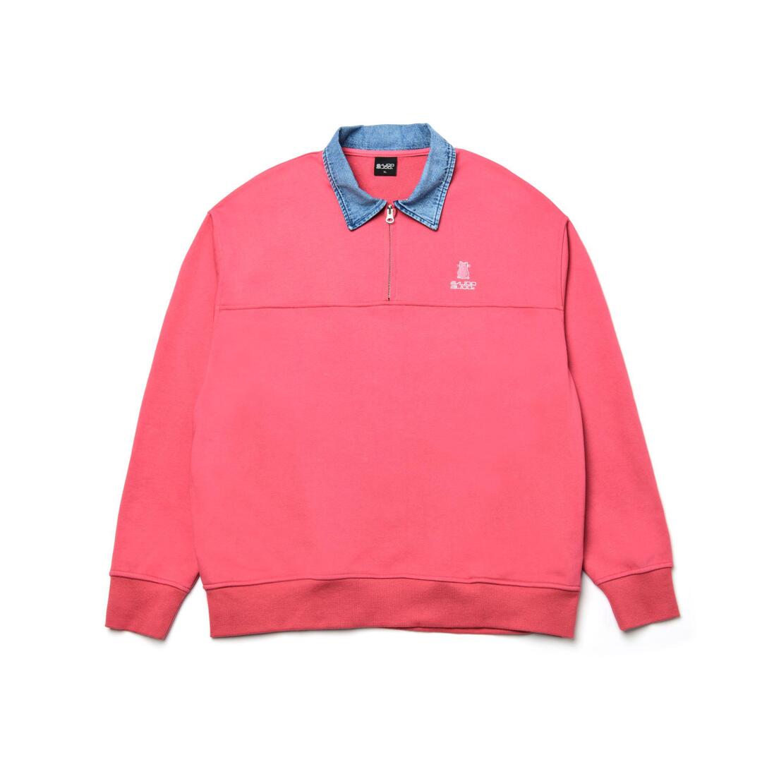 Denim Collars Cat Logo Half Zip-Up Sweatshirt [Pink]